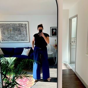 Navy blue DVF high waisted pants with belt